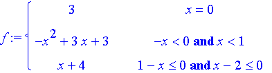 f := PIECEWISE([3, x = 0],[-x^2+3*x+3, -x < 0 and x < 1],[x+4, 1-x <= 0 and x-2 <= 0])