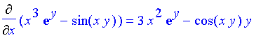 Diff(x^3*exp(y)-sin(x*y),x) = 3*x^2*exp(y)-cos(x*y)*y