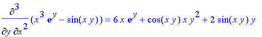 Diff(x^3*exp(y)-sin(x*y),`$`(x,2),y) = 6*x*exp(y)+cos(x*y)*x*y^2+2*sin(x*y)*y