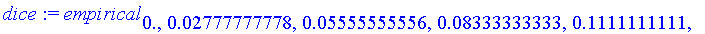 dice := empirical[0.,.2777777778e-1,.5555555556e-1,.8333333333e-1,.1111111111,.1388888889,.1666666667,.1388888889,.1111111111,.8333333333e-1,.5555555556e-1,.2777777778e-1]