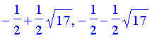-1/2+1/2*sqrt(17), -1/2-1/2*sqrt(17)