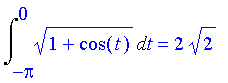 Int((1+cos(t))^(1/2),t = -Pi .. 0) = 2*2^(1/2)